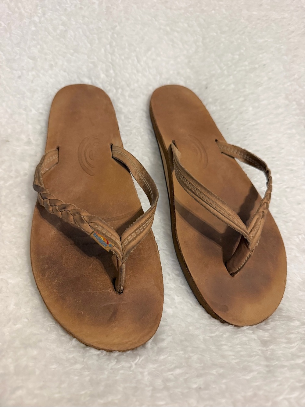 Rainbow Tan/Brown Flirty Braidy Braided Leather Flip Flop Sandals Size 9